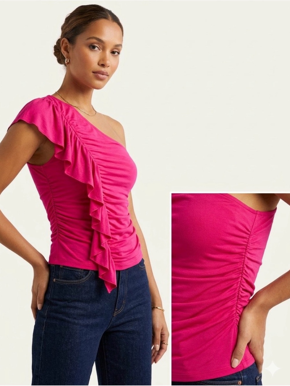 Pink Rose Fuchsia Pink One-Shoulder Ruched Ruffle Top - Size M